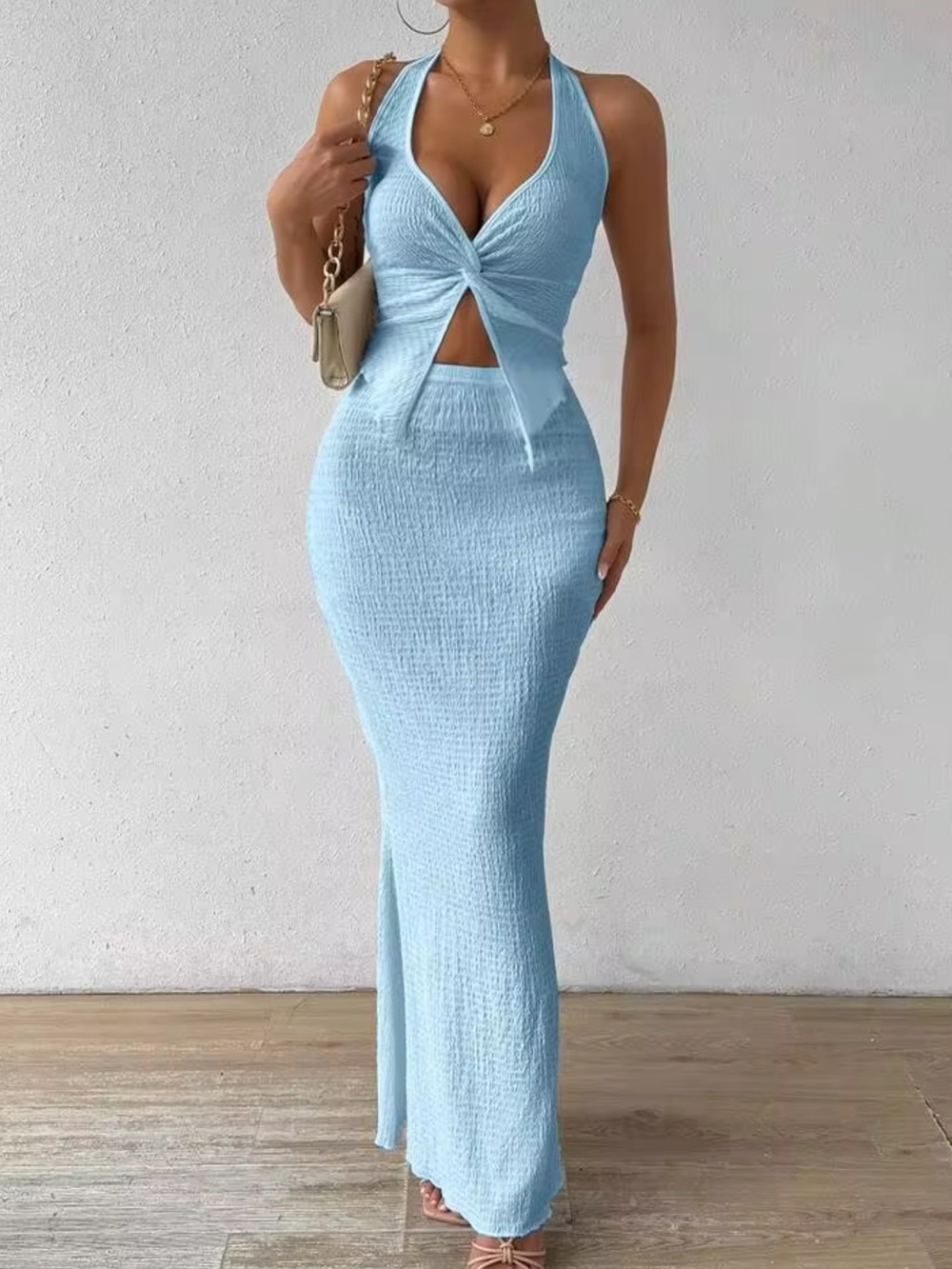 Light Blue Halter Skirt Set